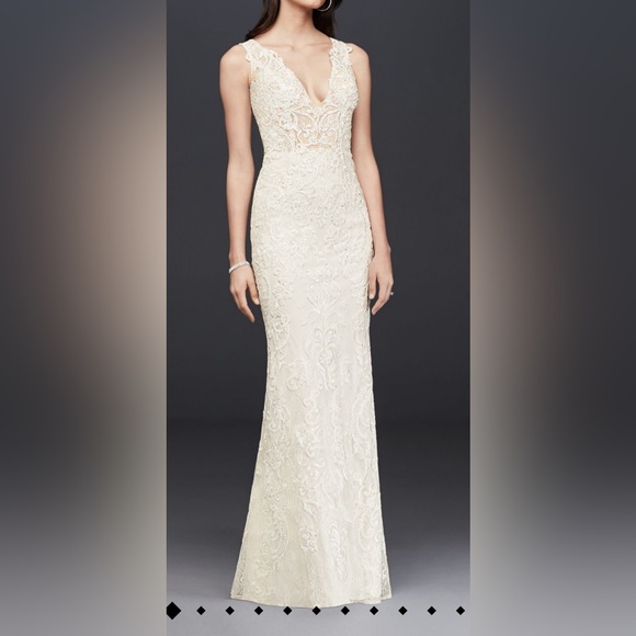 Galina Signature illusion lace plunge bodice petite wedding dress!